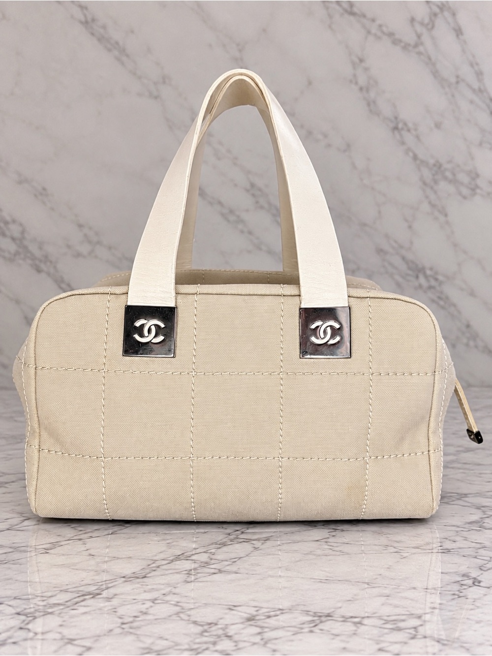 CHANEL Vintage Beige Quilted Canvas XL Bowler Boston Travel / Satchel Bag